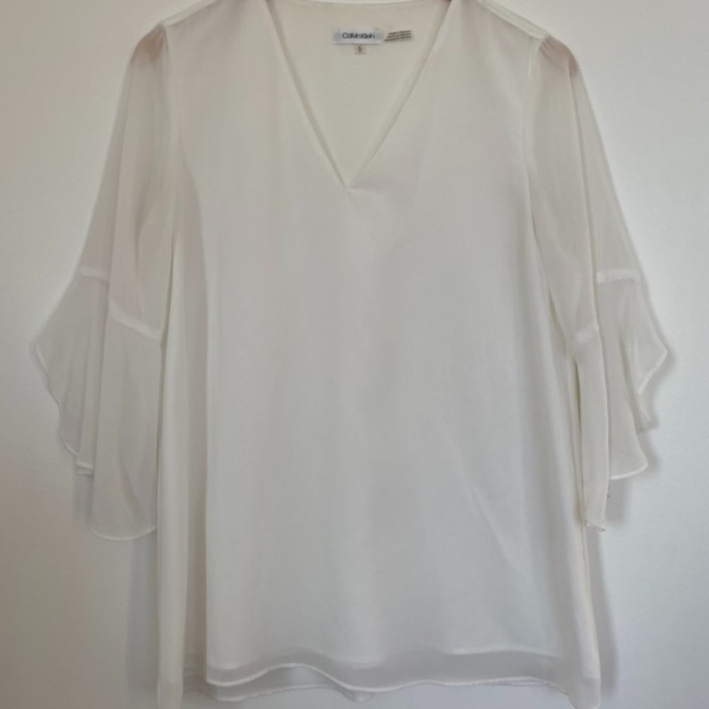 Calvin Klein Flowy White Top, Bell Sleeves, Size S